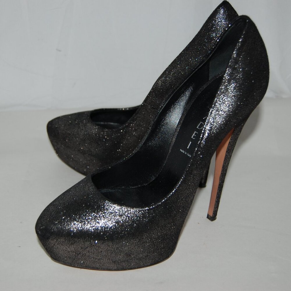 US 9 ❤️ CASADEI Gray Shimmer Leather Glitter Platform High Heels Pumps ITALY